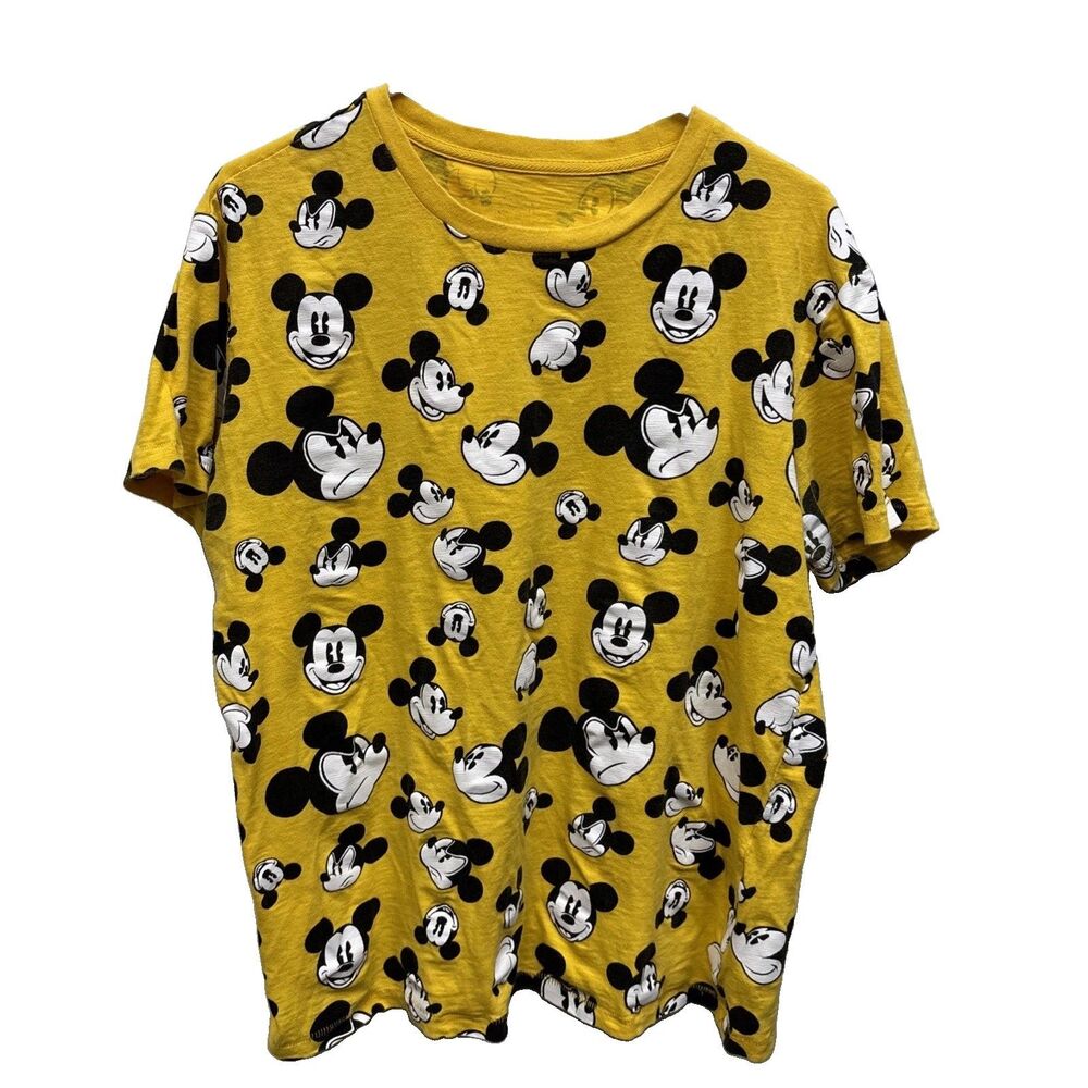 Disney Parks T Shirt Yellow Multiple Mickey Mouse Faces All Over Print Adult L